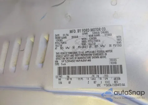 2006 Ford Ranger Fx4 Level Ii/Fx4 Off-Road/Sport/Xlt z USA, uszkodzony, nr VIN 1FTZR45E16PA59146